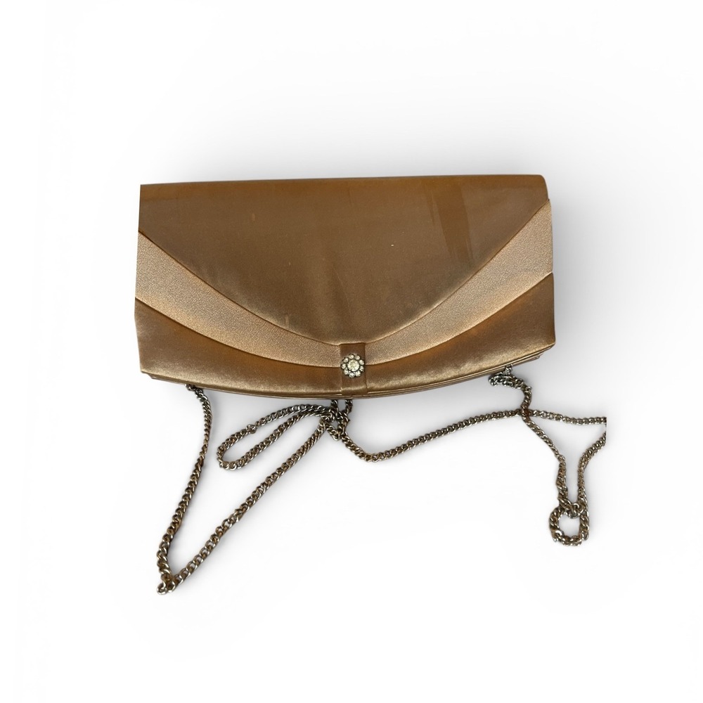 Champagne Gold Satin Evening Clutch Rhinestone Accent‎ Chain Strap Bag